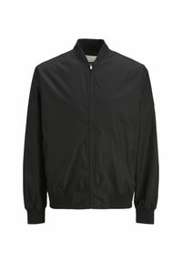 Chaqueta bomber negra hecha de tejido suave, con cierre de cremallera frontal, puños y dobladillo acanalados, cuello alto y sin patrones visibles.