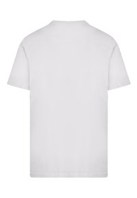 White cotton t-shirt, short sleeves, crew neck, plain design, non-textured fabric, no visible logos or patterns, back view.