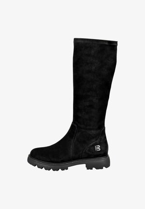 Knee-high black suede boots with a rounded toe, textured surface, and a treaded rubber sole. Features a side logo detail.