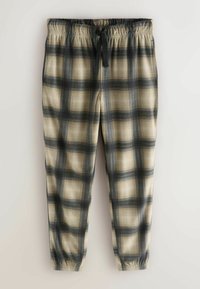 Grønne og beige rutede bukser med elastisk talje og snor. Taperede ben med elastiske manchetter. Fremstillet af et blødt, tekstureret stof.