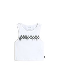 White sleeveless tank top featuring a black checkered pattern across the chest, made of soft fabric, with a round neckline and a small logo tag.