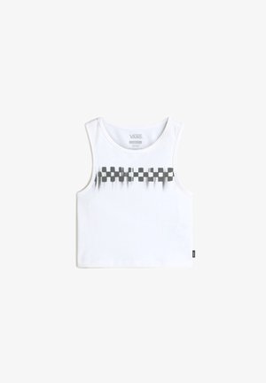 White sleeveless tank top featuring a black checkered pattern across the chest, made of soft fabric, with a round neckline and a small logo tag.