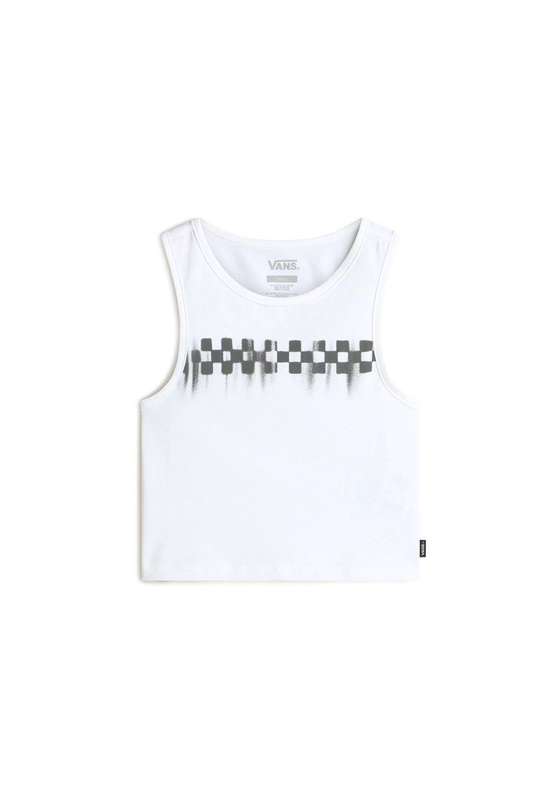 White sleeveless tank top featuring a black checkered pattern across the chest, made of soft fabric, with a round neckline and a small logo tag.