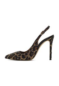 Schwarze und goldene Leoprint-Slingback-Pumps mit spitzem Zeh, hohem Stiletto-Absatz und Kristallverzierungen auf dem Schaft.