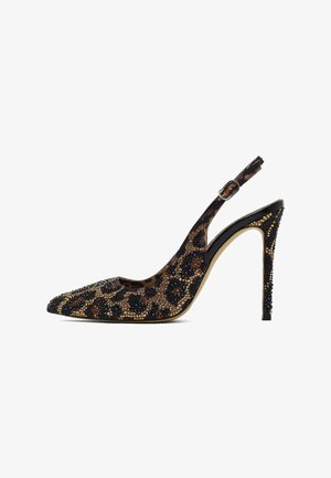 Schwarze und goldene Leoprint-Slingback-Pumps mit spitzem Zeh, hohem Stiletto-Absatz und Kristallverzierungen auf dem Schaft.