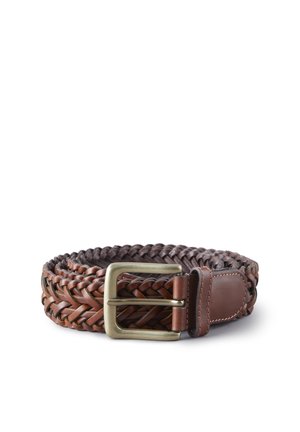 Woven leather belt in shades of brown, featuring a brass buckle and a smooth leather strip for fastening, with a textured braided design.