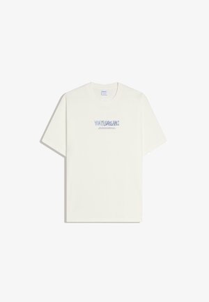 White short-sleeve t-shirt with blue text "VINYLDREAMS" and smaller text underneath centered on the chest.