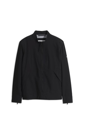 Black lightweight men's jacket with front zipper, high collar, and two side pockets, displayed on a white background.