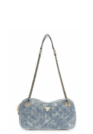 Petit sac à bandoulière rectangulaire en denim avec des bretelles en chaîne dorée et une plaque logo métallique triangulaire centrale.