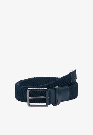 Navy woven belt made from elastic material, featuring a rectangular metal buckle and leather accents for a refined finish.