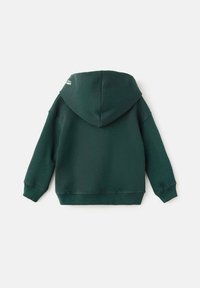 Mørkegrønt hætte sweatshirt med en blød tekstur, ribbede manchetter og kant. Har brandnavnet trykt nær halsen på ryggen.