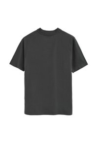 Dunkelgraues Baumwoll-T-Shirt mit Rundhalsausschnitt, kurzen Ärmeln und plainem Rücken. Glatte Textur, lässiges Design, keine sichtbaren Grafiken oder Muster.