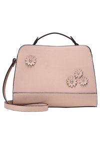 Rosa läderhandväska med en strukturerad design, blommiga applikationer med pärlaccenter, ett handtag upptill och ett avtagbart axelband.