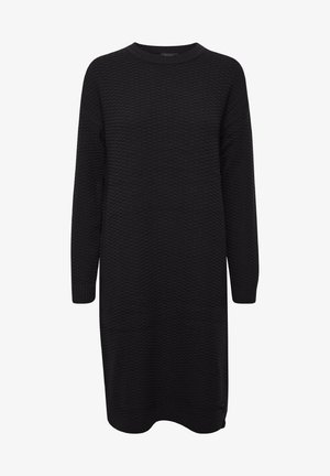 Rochie tricotată neagră cu mâneci lungi, decolteu rotund și un model texturat subtil; siluetă dreaptă și manșete cu nervuri.