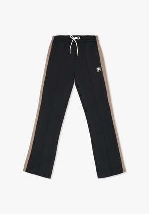 Pantalon de survêtement noir avec des bandes latérales beiges, un cordon blanc à la taille élastique et un petit logo blanc sur la jambe droite avant.