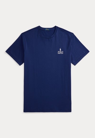 Navy blue crew neck t-shirt with short sleeves featuring small white Polo Ralph Lauren logo on the left chest.