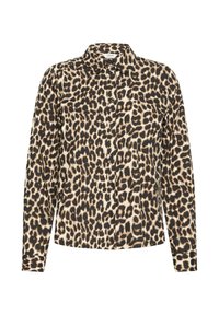 Cămașă cu imprimeu de leopard, cu mâneci lungi, cu închidere cu buton, în culorile negru și bej, cu guler și o croială standard. Textură de țesătură moale.