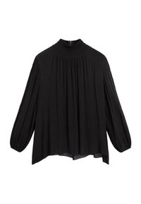 Sort bluse med lange ærmer og høj hals, plisseret design og rynkede detaljer ved skuldrene. Letvægtsstof, afslappet pasform og buet kant.