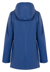 Wasserdichte blaue Regenjacke mit passender Kapuze, langen Ärmeln und geradem Schnitt. Bemerkenswerte Details sind die minimalen Akzentnähte.