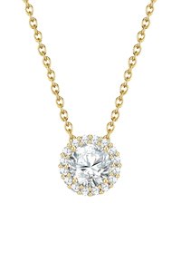 Aranyszínű nyaklánc középső kerek gyémánttal, amelyet kisebb, csillogó kövek vesznek körül, kör alakú foglalatban.