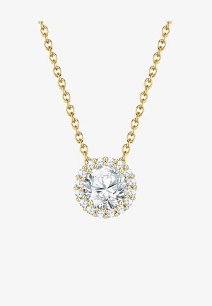 Aranyszínű nyaklánc középső kerek gyémánttal, amelyet kisebb, csillogó kövek vesznek körül, kör alakú foglalatban.