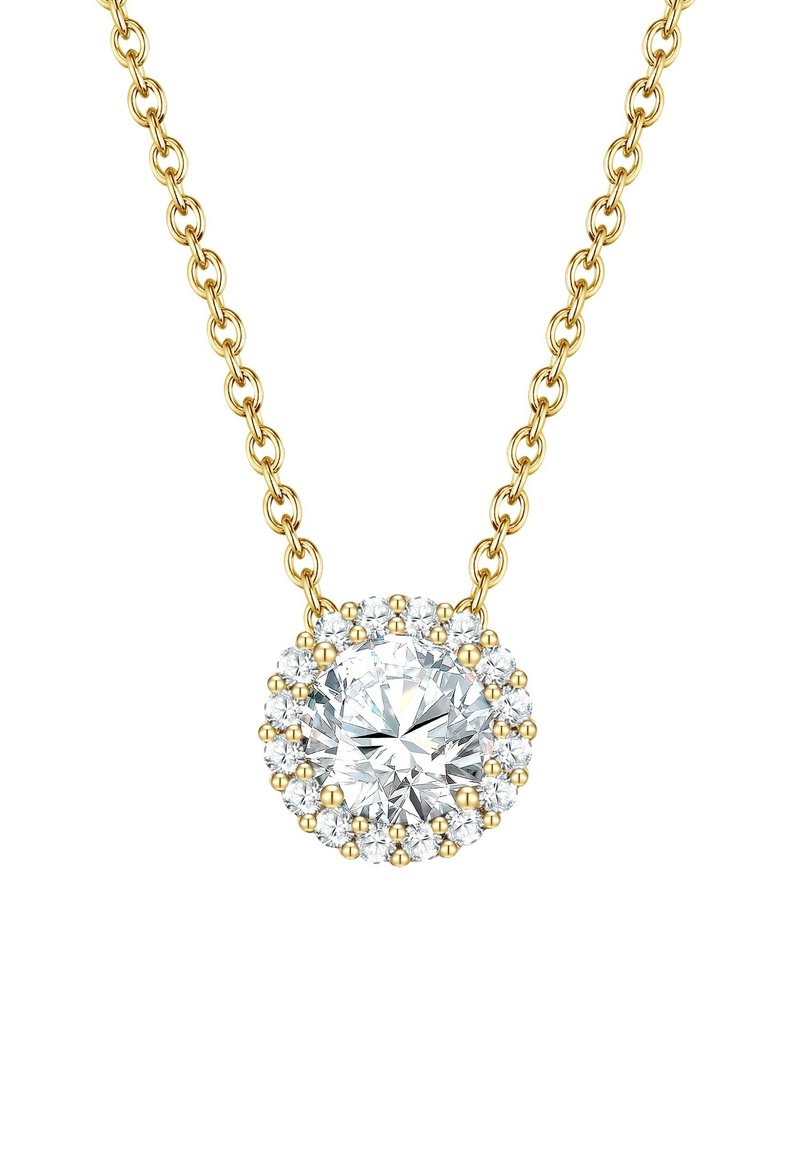 Aranyszínű nyaklánc középső kerek gyémánttal, amelyet kisebb, csillogó kövek vesznek körül, kör alakú foglalatban.