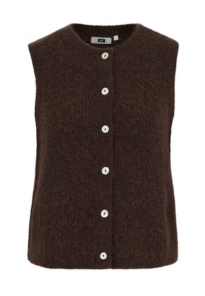 Brūns tamborēts bezroku veste ar teksturētu virsmu, ar sešām baltām pogām priekšpusē un apaļu kakla izgriezumu.