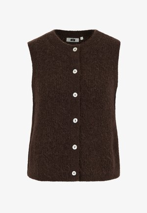 Brūns tamborēts bezroku veste ar teksturētu virsmu, ar sešām baltām pogām priekšpusē un apaļu kakla izgriezumu.