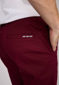 Pantalons bordeaux avec une texture lisse, dotés d'une poche arrière ornée d'un motif animal gris décoratif et de détails de couture subtils.