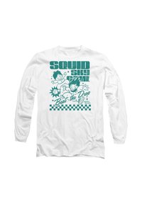Langärmliges weißes Shirt mit einem türkisfarbenen Grafikdruck, der animierte Charaktere und den Text "SQUAD SKY GAME Beat the Drop" zeigt.