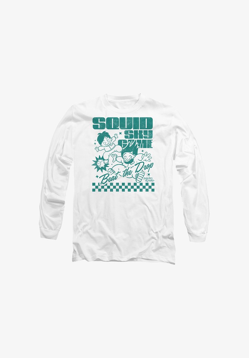 Langärmliges weißes Shirt mit einem türkisfarbenen Grafikdruck, der animierte Charaktere und den Text "SQUAD SKY GAME Beat the Drop" zeigt.