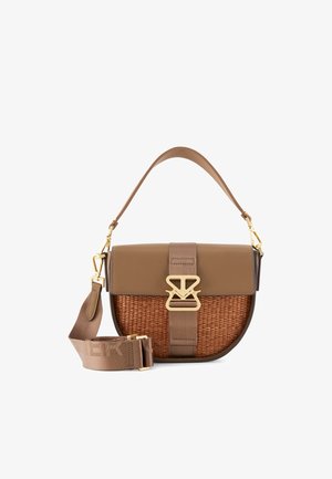 Brown leather and woven straw handbag with gold-tone hardware, adjustable strap, and a prominent buckle detail on the front closure.