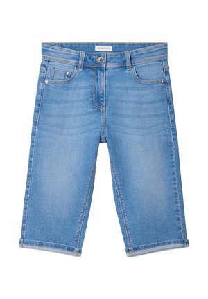 Lichtblauwe denimshorts met een losse pasvorm, voorzien van een ritssluiting, vijf zakken en een opgerolde zoom aan de onderkant. Hede textuur en klassiek ontwerp.