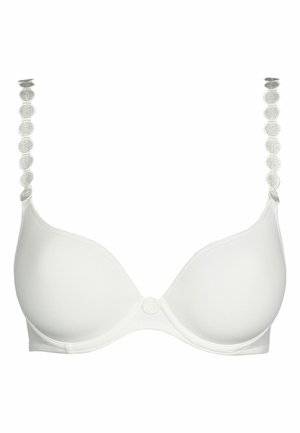 Witte beha met gladde cups, verstelbare straps met ronde accenten en een sluiting aan de voorkant. De stof lijkt zacht en naadloos.
