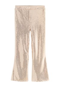 Pantaloni svasati in tessuto beige chiaro scintillante, decorati con piccoli paillettes disposte a motivo sfumato, che mettono in risalto la trama e la lucentezza.