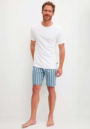 Mann steht barfuß, trägt ein einfaches weißes kurzärmeliges T-Shirt und blaue, schwarz-weiße vertikal gestreifte Shorts vor einem einfarbigen Hintergrund.