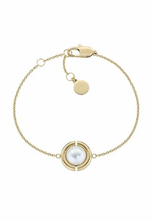 Delicate gold chain bracelet featuring a central round white pearl encased in a gold circular frame, with branded clasp and small round tag.