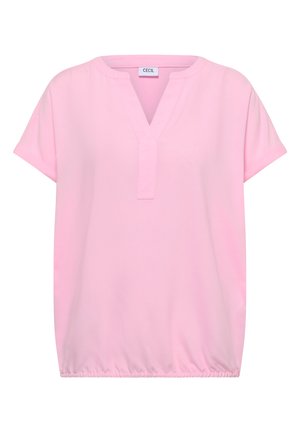 Hellrosa kurzärmelige Bluse mit V-Ausschnitt, weiter Passform und elastischem Saum, innen am Kragen mit der Marke "Cecil" gekennzeichnet.