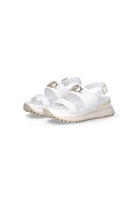 White sandals featuring two wide straps, a buckle accent, and a beige textured sole with a slight lift for added height and comfort.