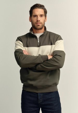 Dunkelgrüner und cremefarbener, farblich abgesetzter Half-Zip-Pullover mit gerippten Bündchen und Saum, aus dickem, weichem Stoff. Das Modell trägt dunkle Jeans.