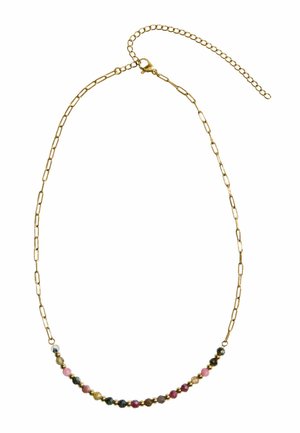 Goldene Halskette mit länglichen Gliedern und einer gebogenen Reihe kleiner mehrfarbiger runder Perlen vorne, mit verstellbarem Verschluss.