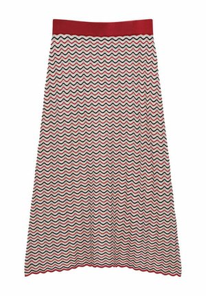 Spódnica w zygzakowy wzór w kolorach czerwonym, czarnym i białym, z dopasowanym czerwonym pasem i rozkloszowanym krojem. Wykonana z teksturowanej, elastycznej tkaniny.