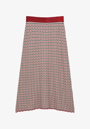 Spódnica w zygzakowy wzór w kolorach czerwonym, czarnym i białym, z dopasowanym czerwonym pasem i rozkloszowanym krojem. Wykonana z teksturowanej, elastycznej tkaniny.