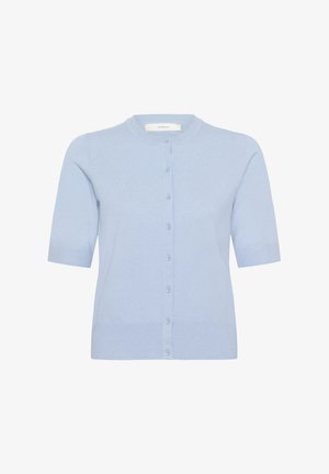 Light blue cardigan made of soft knit material. Features a round neckline, short sleeves, and a button-down front with evenly spaced buttons.