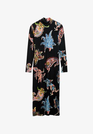 Knee-pikkusega must kleit ribalekstoriga, millel on erksad veeteemalised mustrid sinises, punases ja kollases värvitoonis kangal.