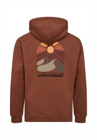 Brun hættepullover med en grafisk design af bjerge og en sol i jordfarver. Materialet ser blødt ud med en struktureret overflade. Justerbar hætte.