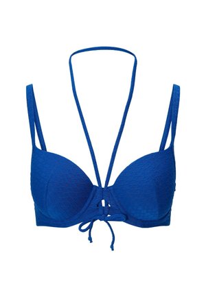 Blue molded bra with textured fabric in a diamond pattern, adjustable straps, and a front tie detail. Lightweight and smooth finish.
