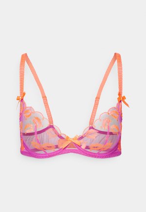Lace bralette featuring a sheer pink base with intricate orange floral embroidery, accented with small orange bows on straps and center.