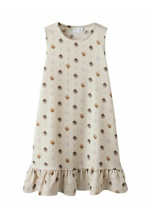 Robe sans manches crème avec un ourlet évasé, ornée d'un motif de coquillages marron et violet. Tissu texturé avec une coupe décontractée.