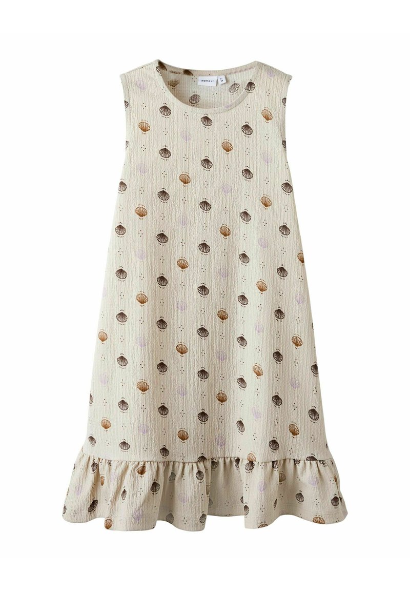 Sleeveless cream dress with a flared hem, featuring a pattern of brown and purple seashells. Textured fabric with a relaxed fit.